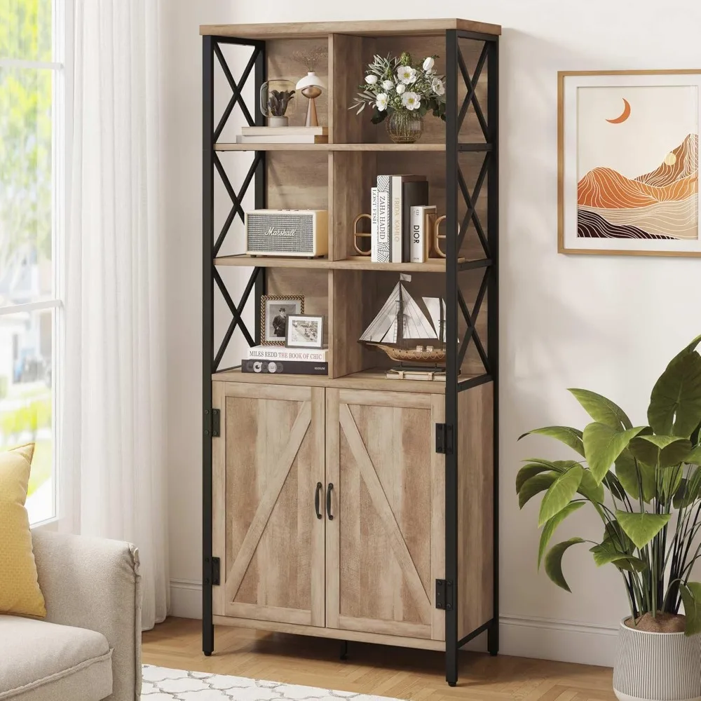 

Rustic Tall Bookshelf with Doors, Industrial Farmhouse Bookcase with Storage, 6 Cube Storage Organizer Book Shelf