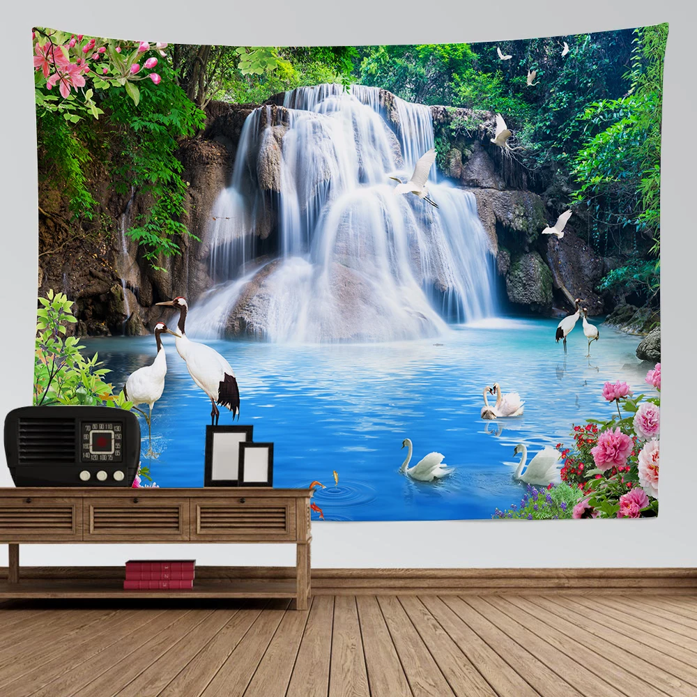 Natural landscape tapestry Mountain waterfall bird day flower wall hanging home  decoration background