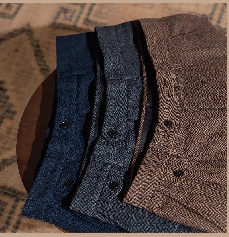 Italian Vintage Suit Pant For Men Autumn Winter Wool Herringbone Pattern Straight Trousers British Style Business Casual Pants