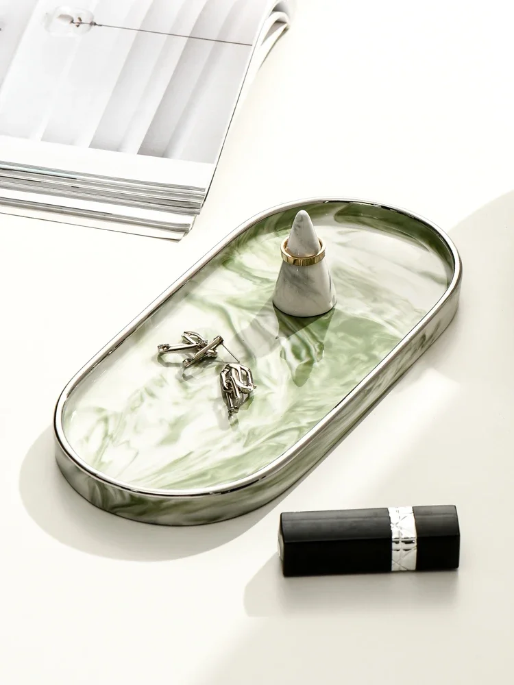 AhunderJiaz Light Luxury Silver Edged Ceramic Oval Plate Marble Striped Jewelry Display Tray Home Storage Decoration Ornaments