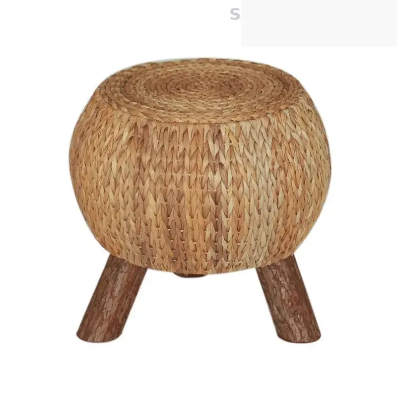 Straw woven stool pastoral country low rattan weaving shoe stool sofa sitting pier fashion solid wood small round