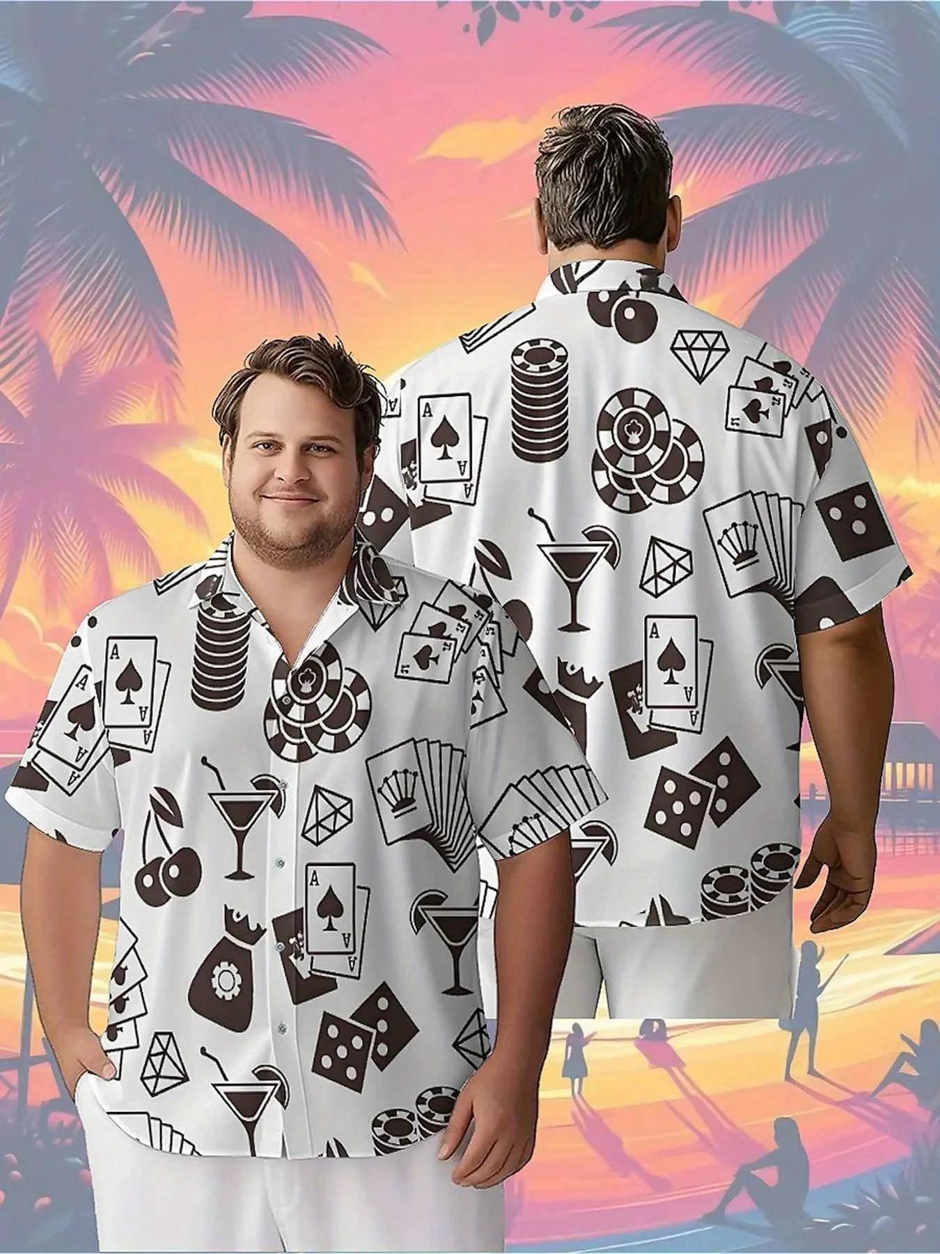Men's Plus Size Hawaiian Shirts Classic Playing Cards and Casino Elements pattern,New Summer Fashion Top,Hip Hop Rock Streetwear