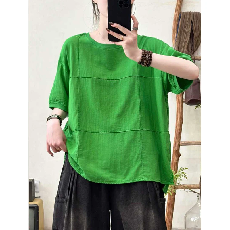 Masss Wasss 2026 Fashion Classic Soild Tops Ladies Japanese Design Loose Cotton Linen Tee Shirts Womens Summer Leisure Clothes