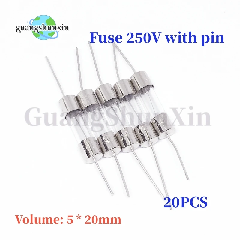 20PCS glass fuse with pins 250V Volume: 5x20mm 0.5A 1A 2A 3A 4A 5A 6A 6.3A 8A 10A 12A 15A 20A