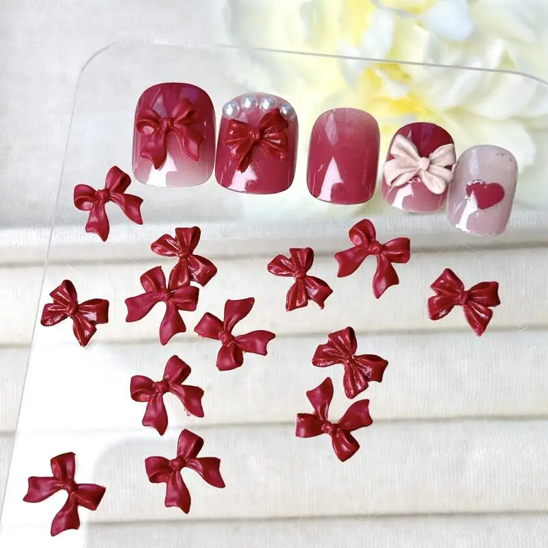 100 pçs clássico vinho vermelho fita bowknots decorações da arte do prego 3d minimalista gravata resina encantos do prego acessórios para diy peças de unhas