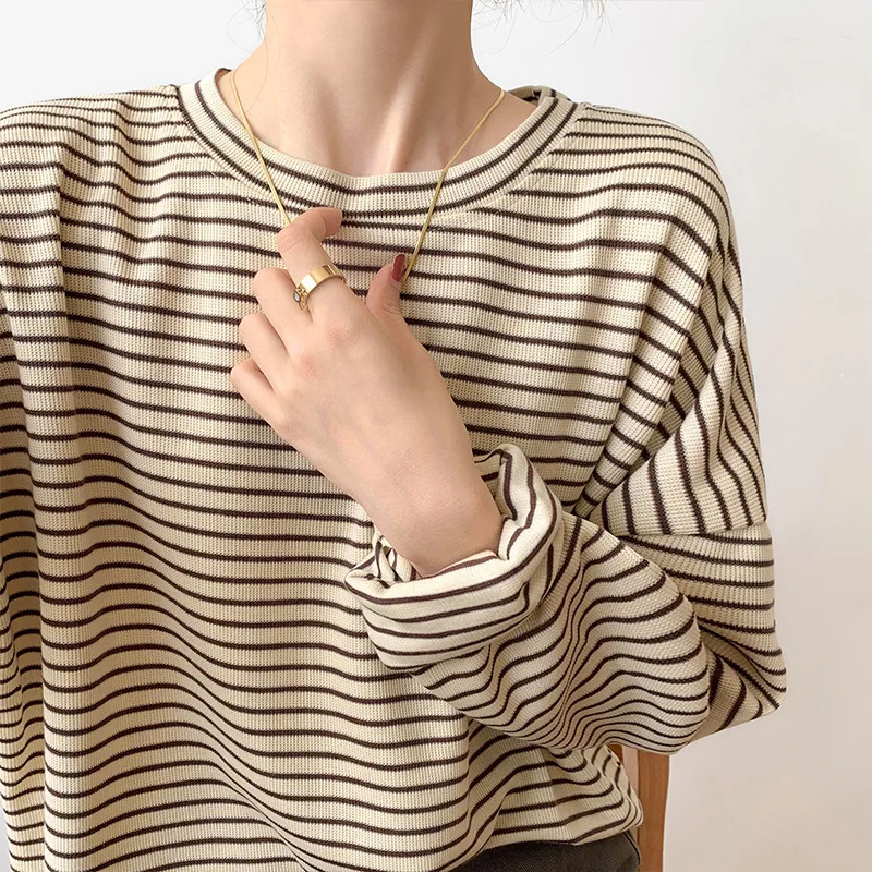 

Spring Autumn New Striped Long-sleeved T-shirt Women's Round Neck Loose Korean Style Bottoming Shirt All-match Top