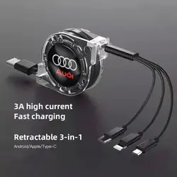 3 In 1 Retractable Data Cable USB Car Charger Head Auto Accessories For Audi Sline A1 A2 A3 A4 A5 A6 A7 A8 Q1 Q2 Q3 Q4 Q5 Q6 Q7