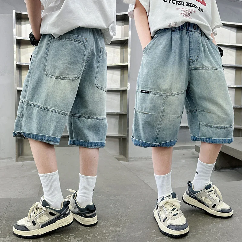

Luxury Children's Denim Shorts for Teenage Boy Retro Hip Hop y2k Baggy Short Pants Kids Patchwork Summer Jeans Shorts Age 5-14Y