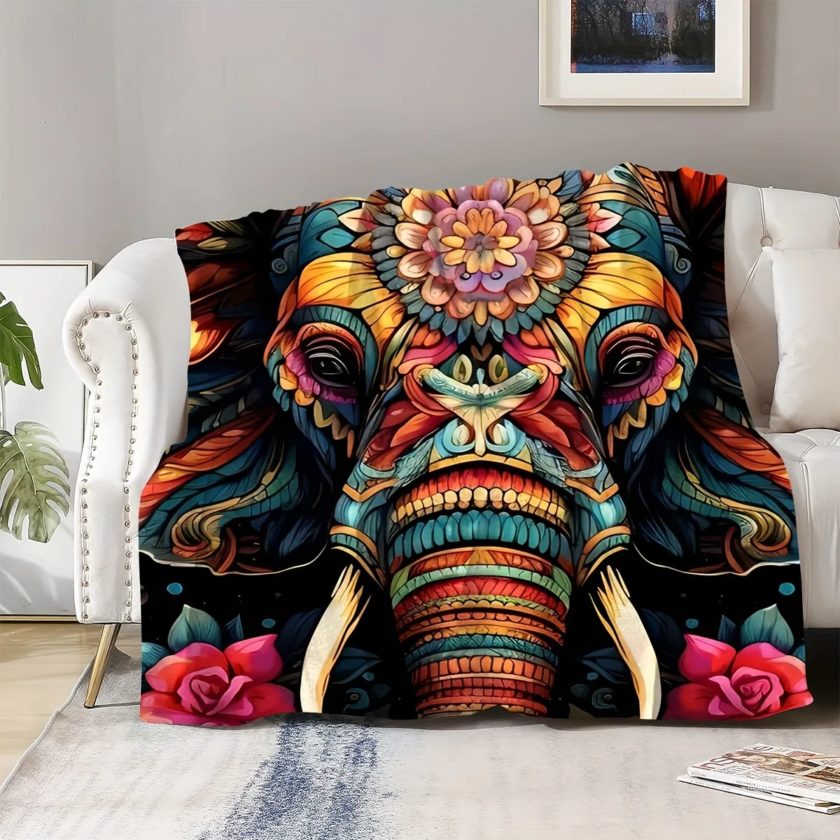 Vibrant Boho Elephant Mandala Art Throw Cozy Throw Blanket Bohemian Hippie Decor Tropical Statement Piece