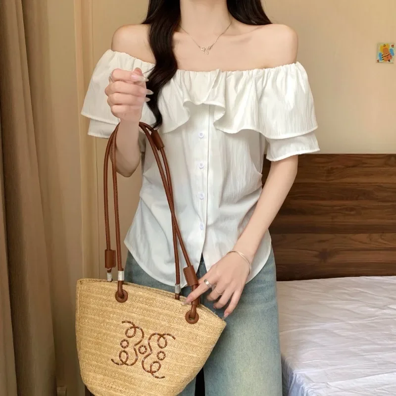 Nice Women Clothing Summer Korean Fashion Button Ruffles Solid Color Slash Neck Femme Trend Fashionable Appear Thin Short Sleeve