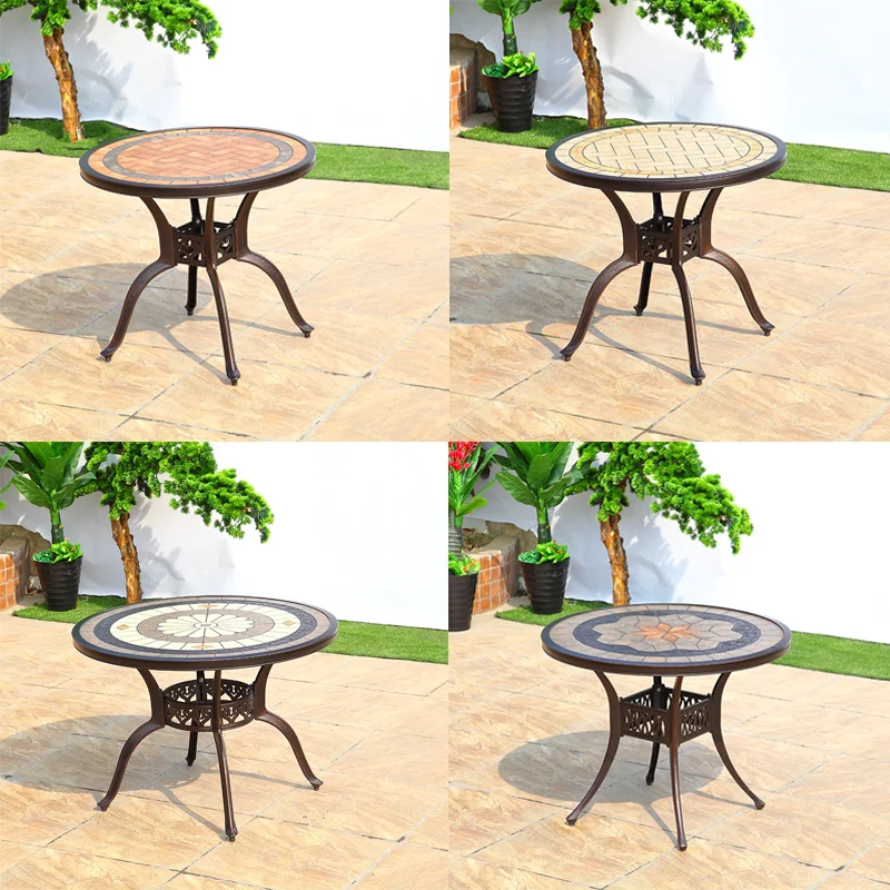 Outdoor Garden Cast Aluminum 80cm Tables for 2-4 Person Marble Tiles Design Dining Table Courtyard Rust-Resistant Leisure Table