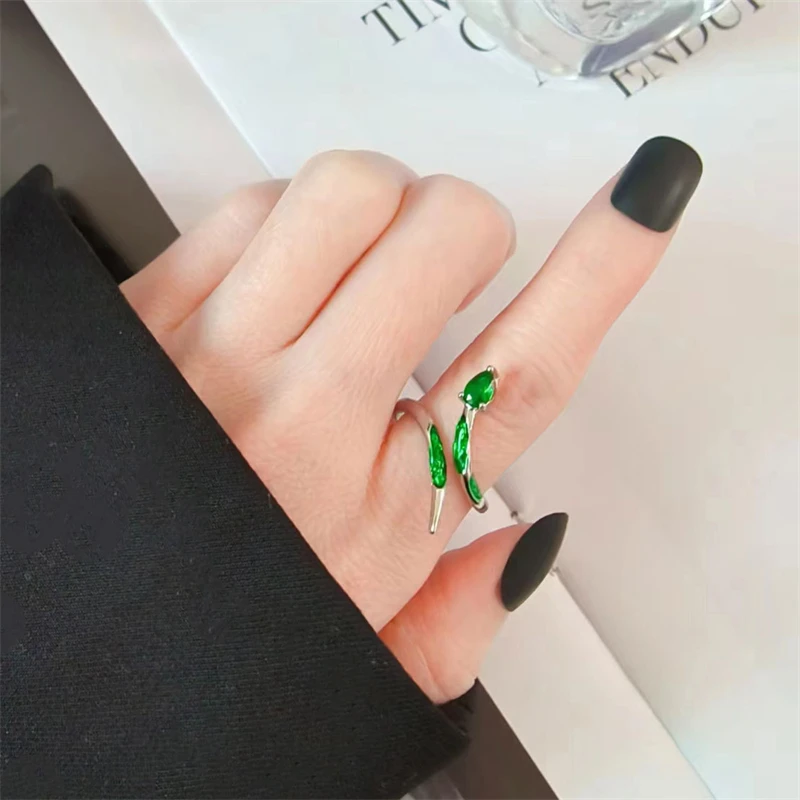 WYEAIIR Green Shiny Zircon Slytherin Snake INS 925 Sterling Silver Resizable Opening Ring For Women Luxury Jewelry