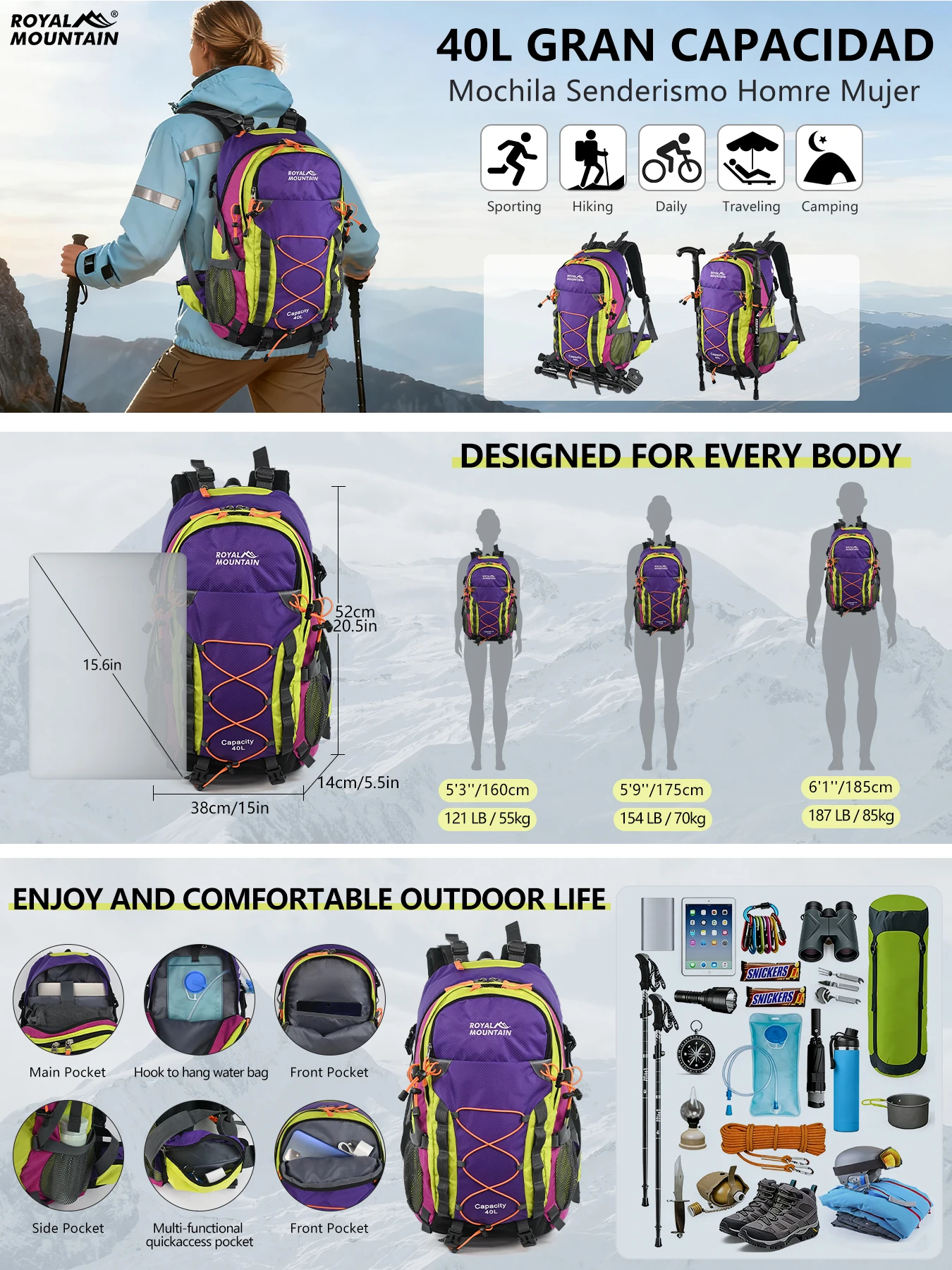 30L Wander- und Outdoor-Rucksack mit Regenschutz, wasserabweisendem Stoff, mehreren Fächern, geeignet für alle Geschlechter und jede Umgebung – Detail 9