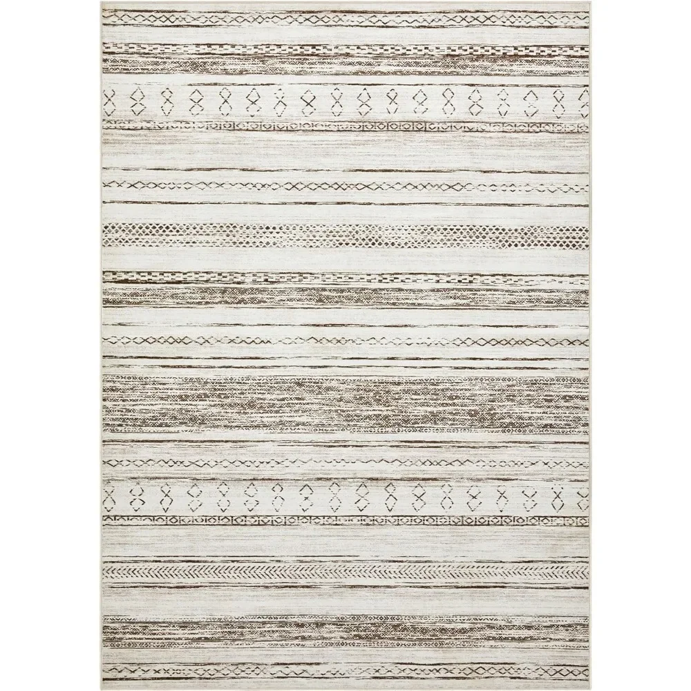 Washable Bohemian Farmhouse Area Rug, Large, Soft, Neutral, Boho, Moroccan, Carpet for Bedroom, Under Dining Table, Home Decor