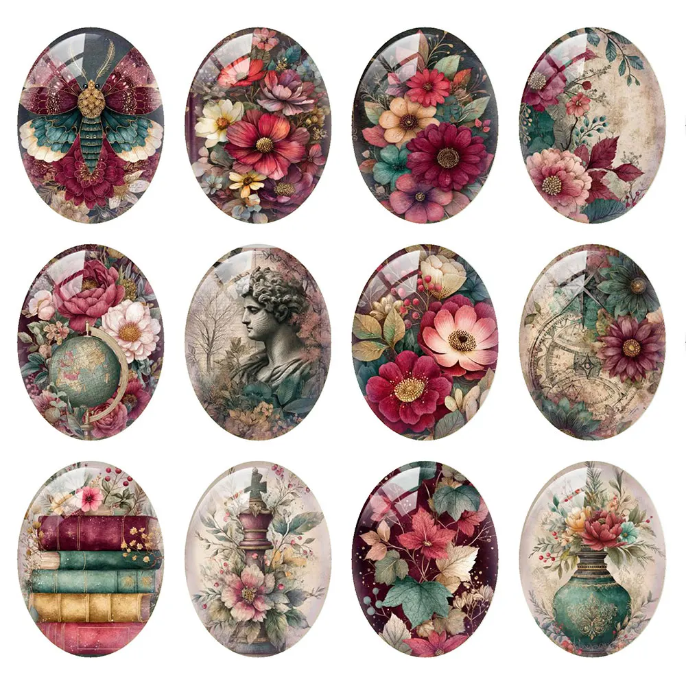 Random Mixed Round/Oval/Square Christmas Winter Flower Leaves Photo Glass Cabochon Flatback Demo Cameo For Diy Jewelry Making