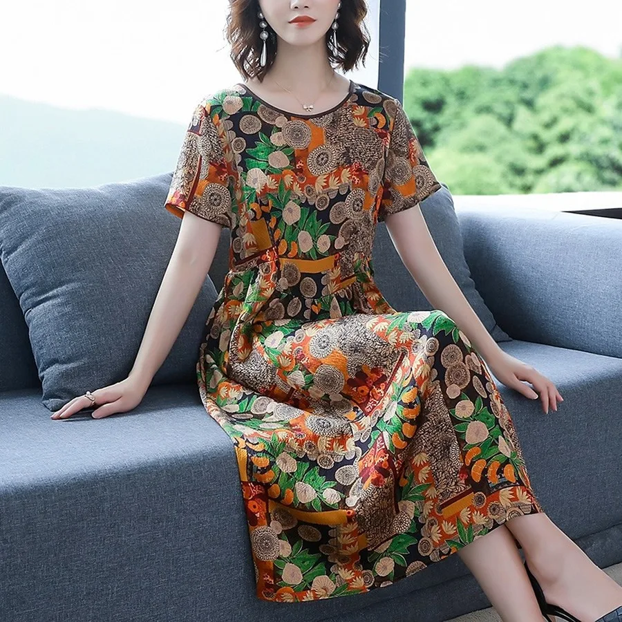 2024 Vintage Print Natural Silk Midi Dresses Summer Fashion New Office Lady Runway Dress Elegant Women Bodycon Party Vestidos