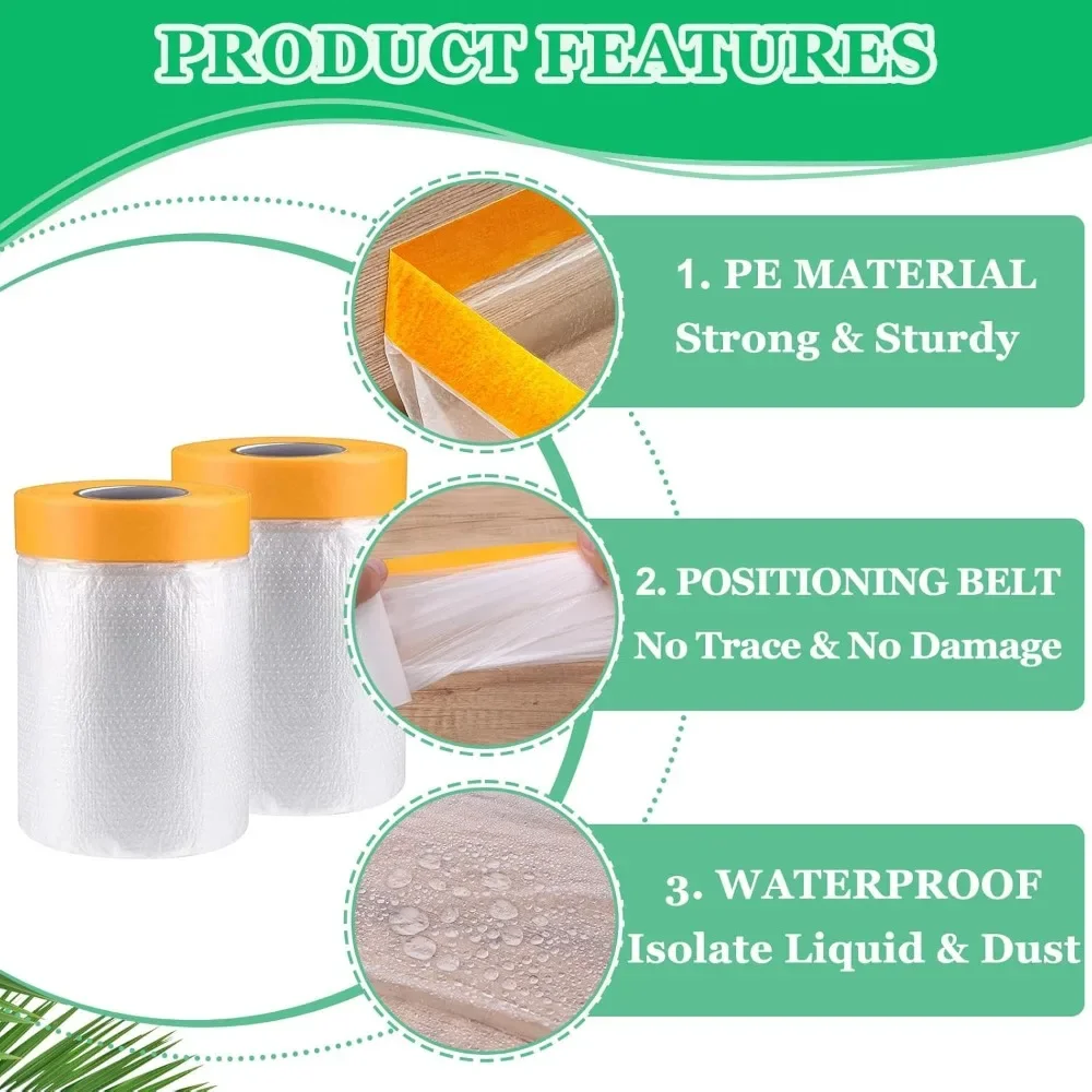 4Masking Film for Auto Painting Covering,Plastic Pre-Adhesived Dust Paint Protective Drop Film for Furniture, Car, Floor