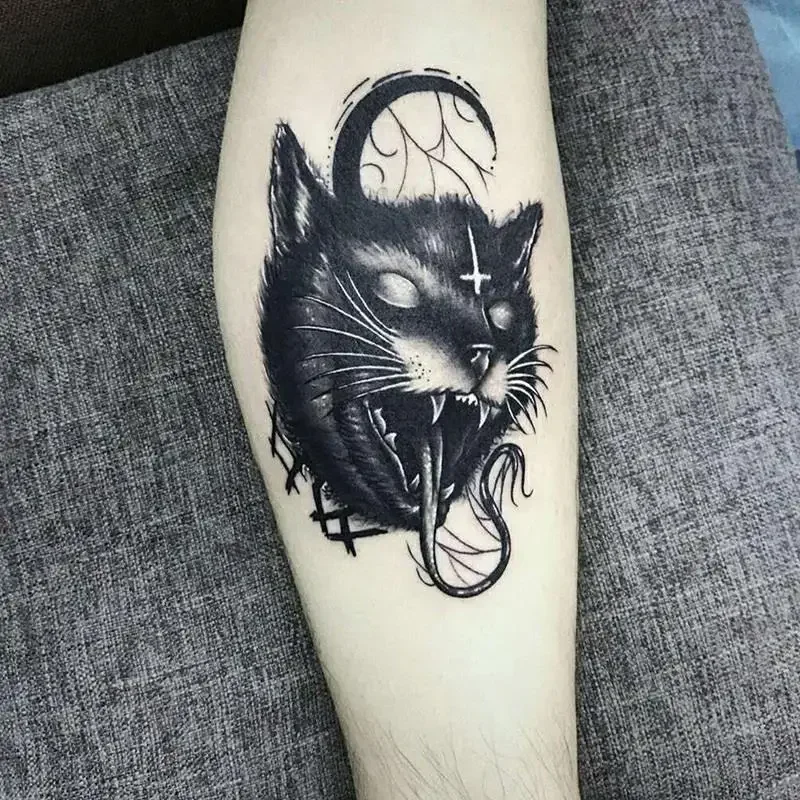 Tatuajes temporales de dibujos animados, monstruo negro, diablo, gato, tatuaje oscuro, arte corporal para brazo, transferencia impermeable, pegatina de tatuaje falso
