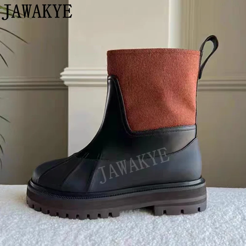 Popular Brand Woolen Snow Boots Winter Flat Platform Ankle Boots Color Blocking Leather Patchwork Chelsea Boots Botas Mujer