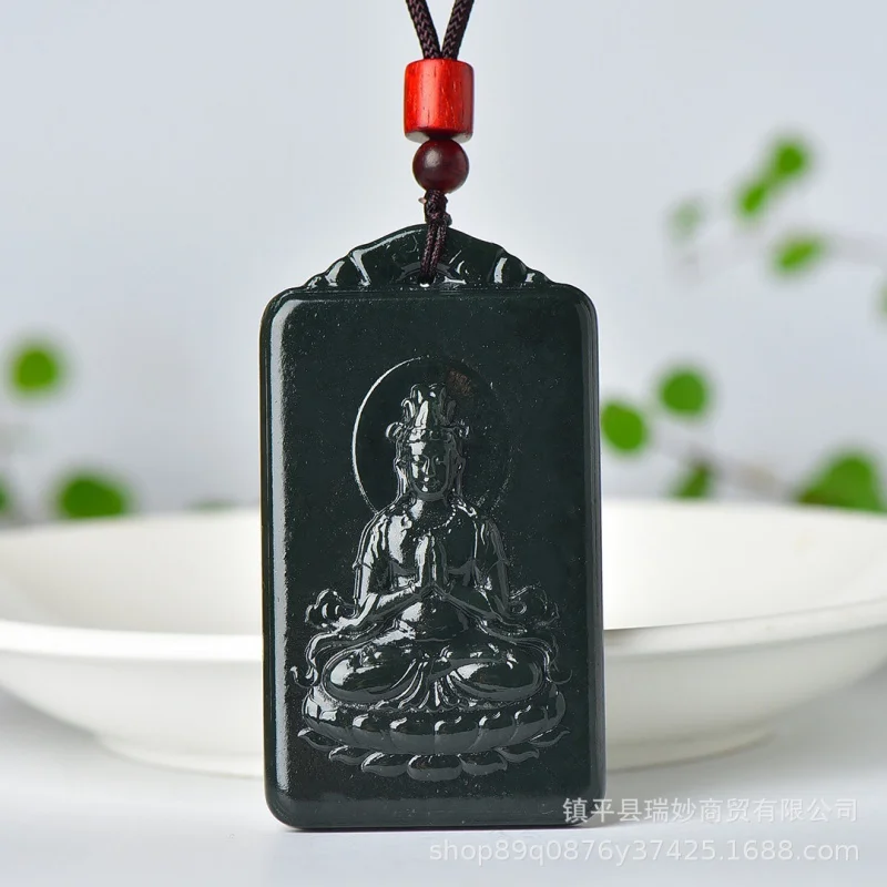 

Natural Hetian-Sitting Guanyin Qing Amulet Buddha Statue Pendant Jade Necklace