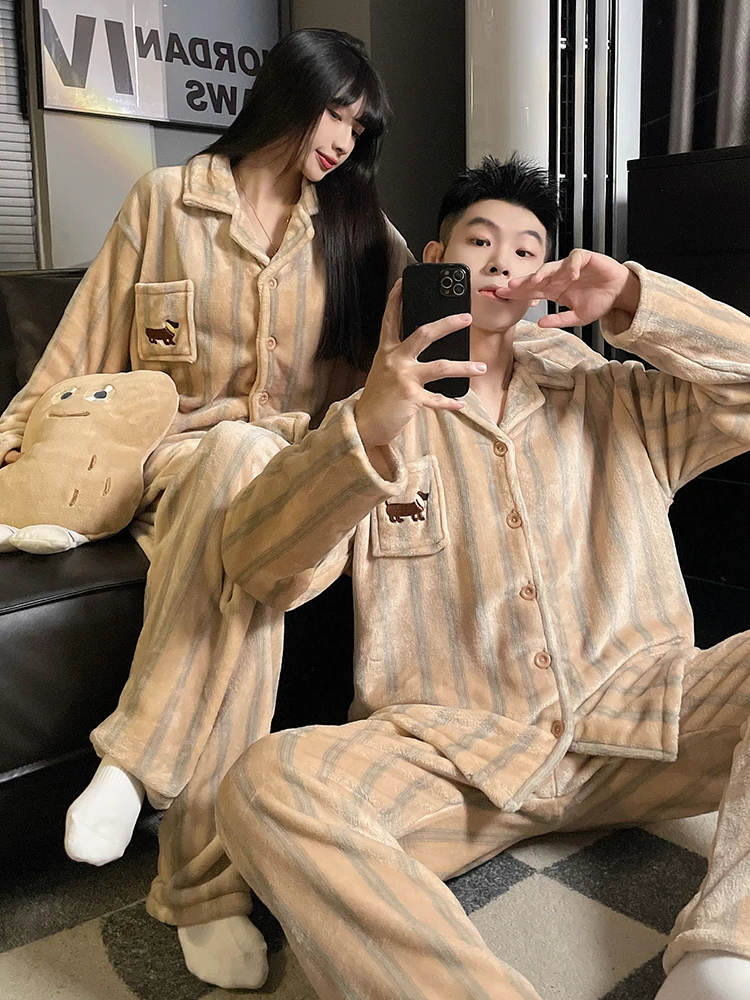 DAIMELU male sleepwear set long sleeved pajamas men's coral fleece flannel boy striped high-end simple loungewear suit winter