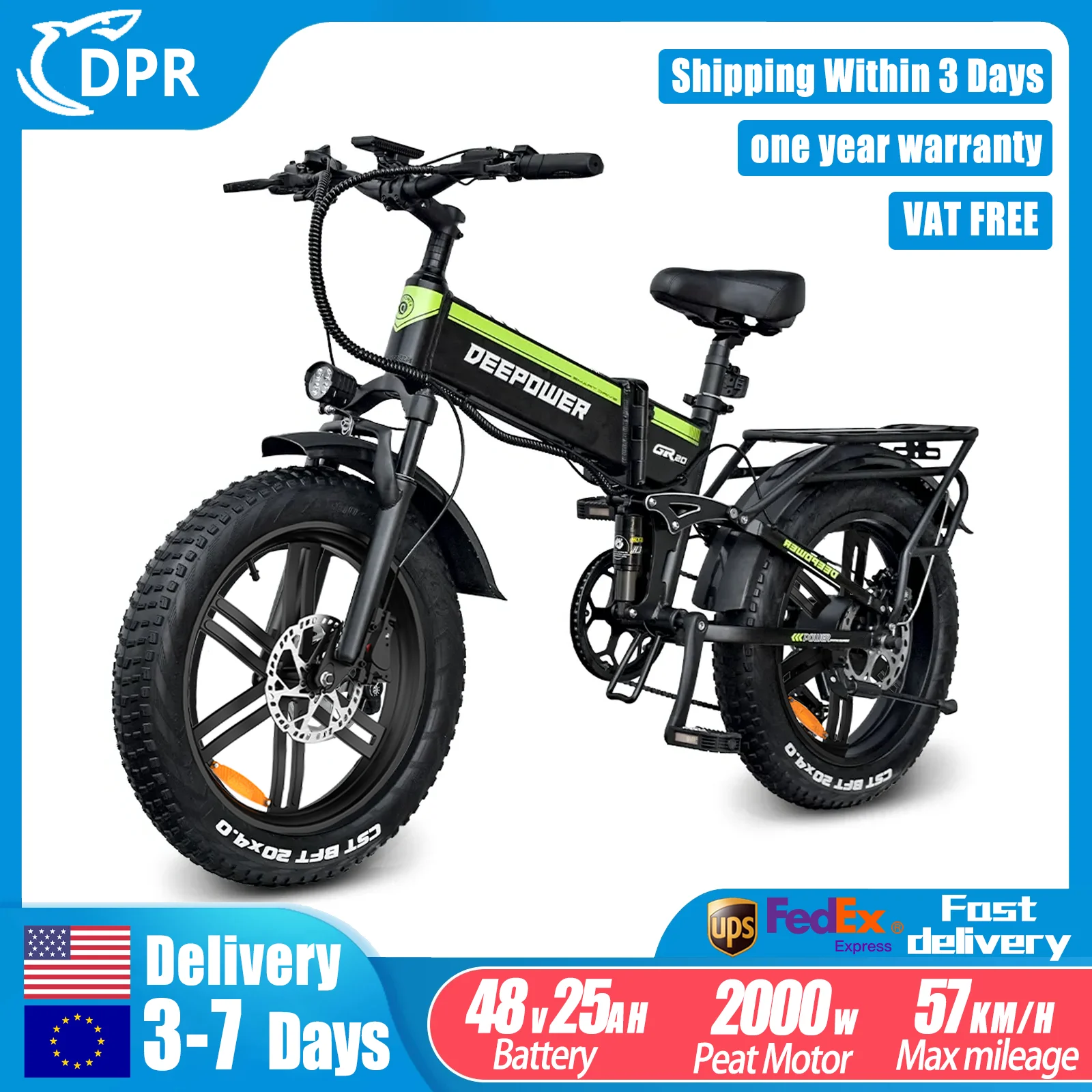 DEEPOWER 2000W Adults Electric Bike Bicycle 48V 20AH 20 Inch Fat Tire Folding Electric E Bikes Mountain Oil Brake 1000W Ebike