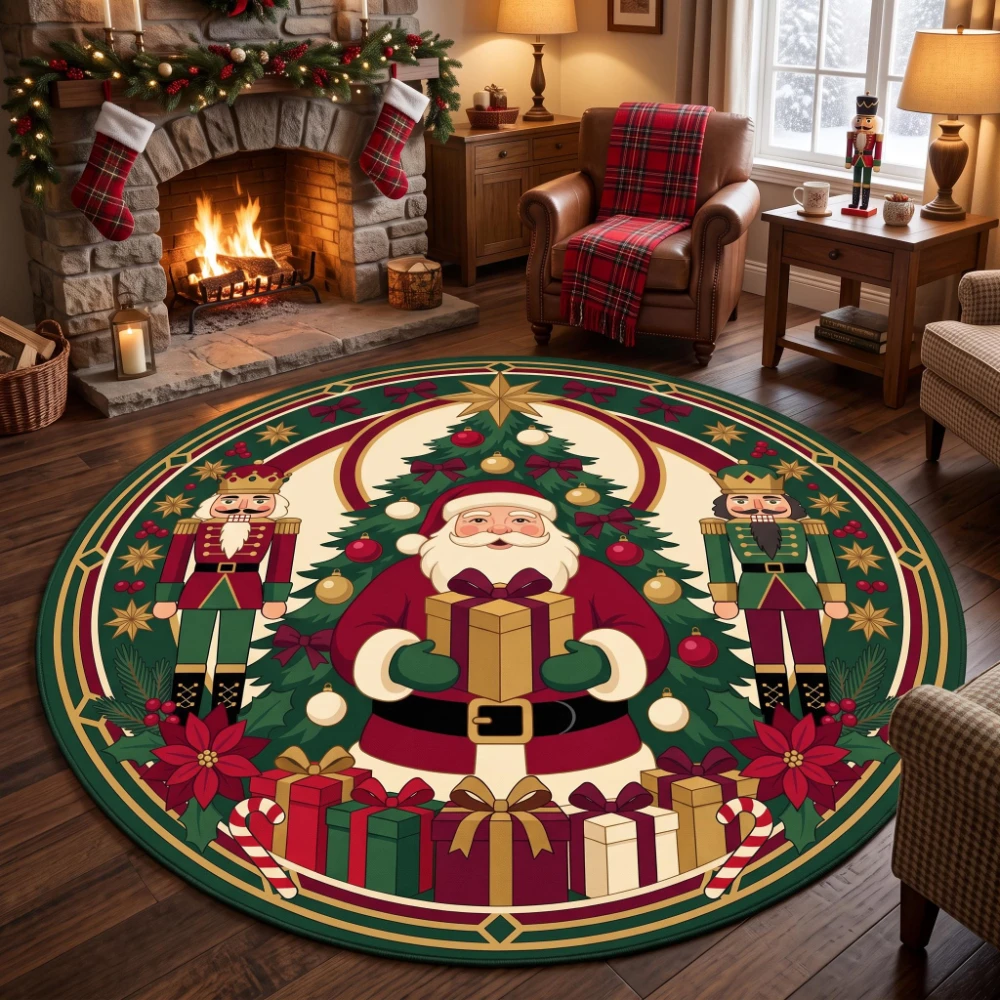 Christmas Nutcracker Santa Claus Round Rug Cartoon Tree Gift Pattern Area Mat Soft Carpet for bedroom living room Home Decor