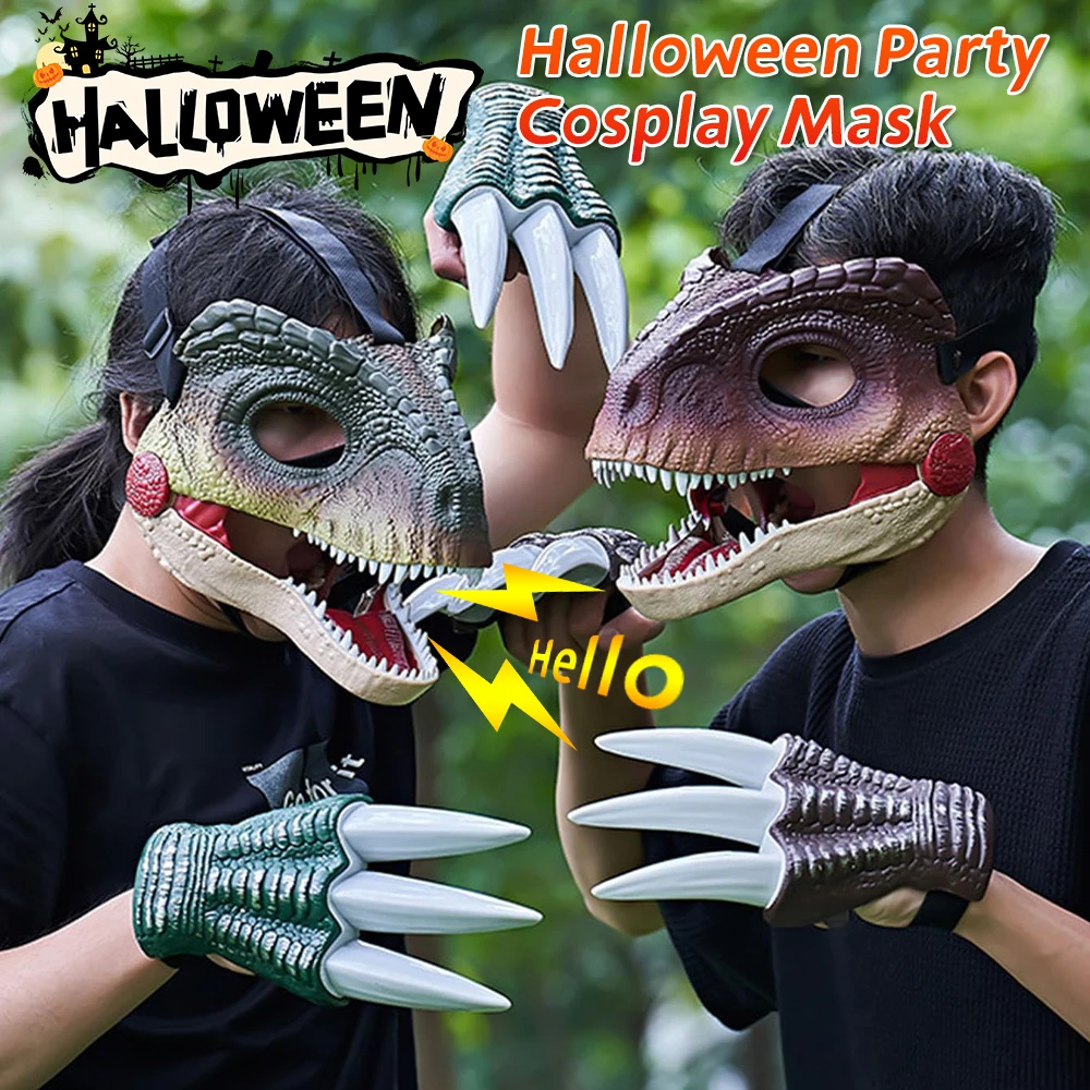 Funny Dinosaur Mask Dino Mask Hard Plastic Halloween Moving Jaw Head Face Mask with Sound Movable Mouth Party Party Cosplay Prop