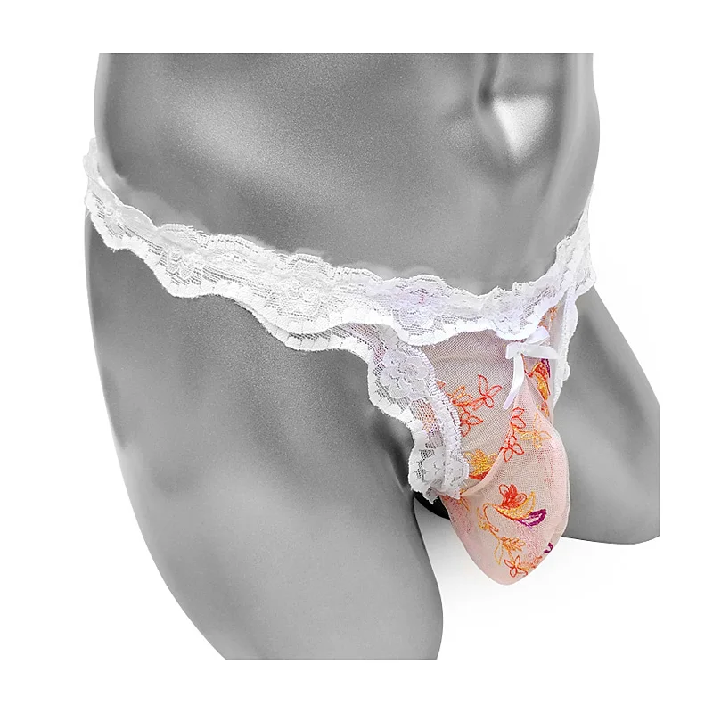 

Embroidery Mesh Sissy Bulge Pouch Panties With Ruffles Lace See Through T Back Mens Thong Underwear Sexy Lingerie Sissy Panties