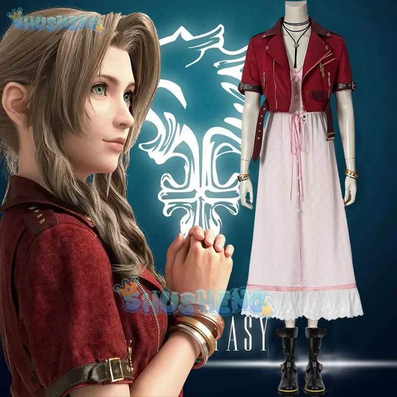 Game FF7 Adult Aerith Gainsborough Costume Cosplay Final Fantasy Remake Halloween Outfit Fancy Women Red Jacket Pink Dress