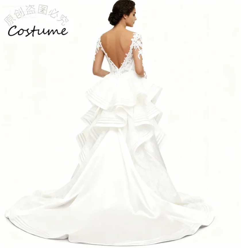 Romantic Overskirt Train Wedding Dress 2026 Long Sleeve Lace Ruffles Church Rustic Country Bridal Dress Elegant Garden Celtic