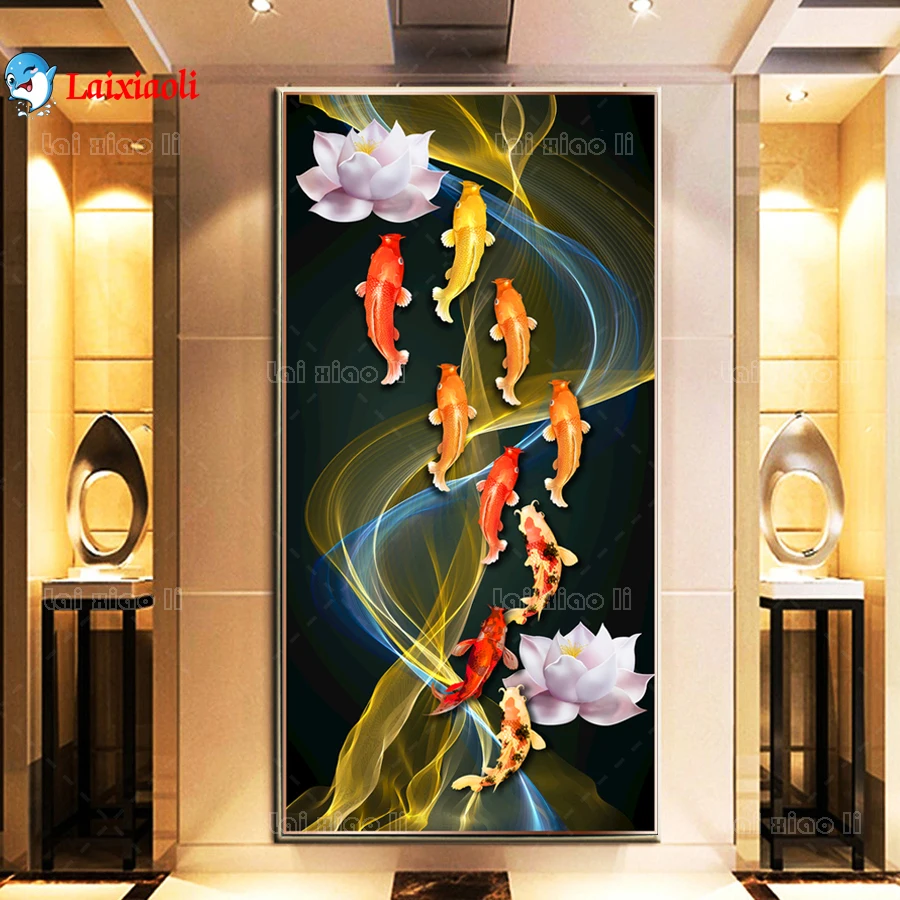 

large size Diamond Painting nine fish lotus graph 5d Diy Diamond Embroidery Rhinestones Handmade Cross Stitch Kits Home Decor