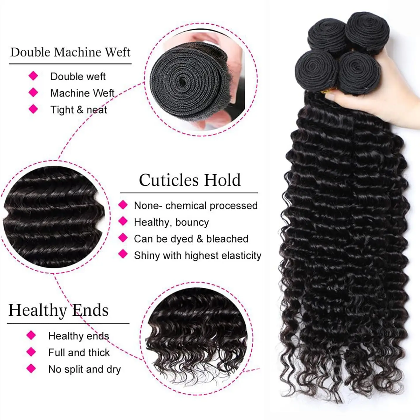 Bundles brésiliens de cheveux humains Water Wave, 100% cheveux humains non transformés, 3 faisceaux, 10A, 20 po, 22 po, 24 po