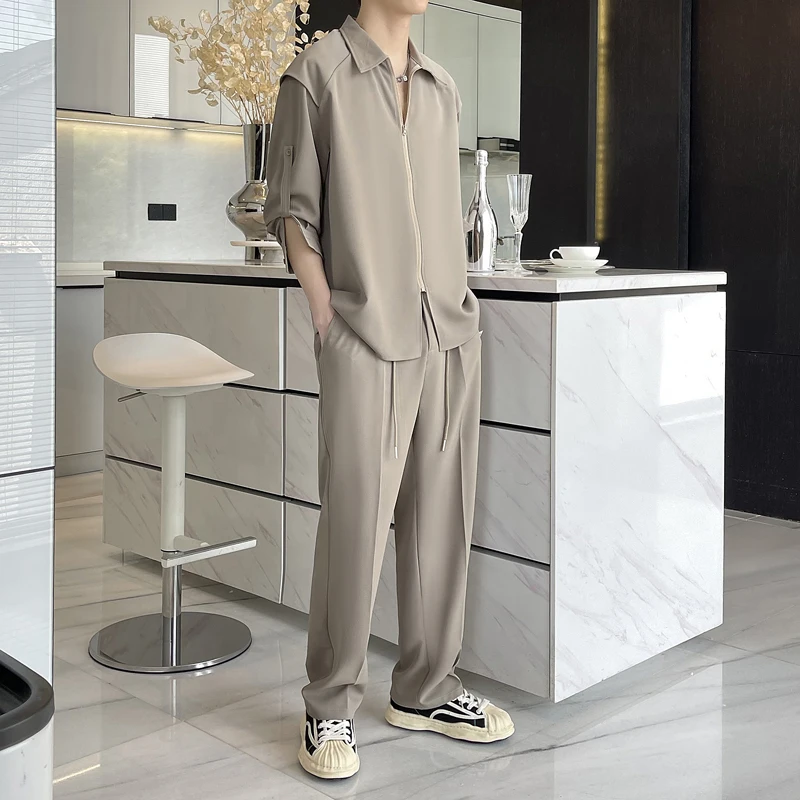 

2023 Summer Ice Silk Plankton Shuai Adjustment Sleeve Long Shirt Short Sleeve Casual Pants Suit European and American Men's Wear