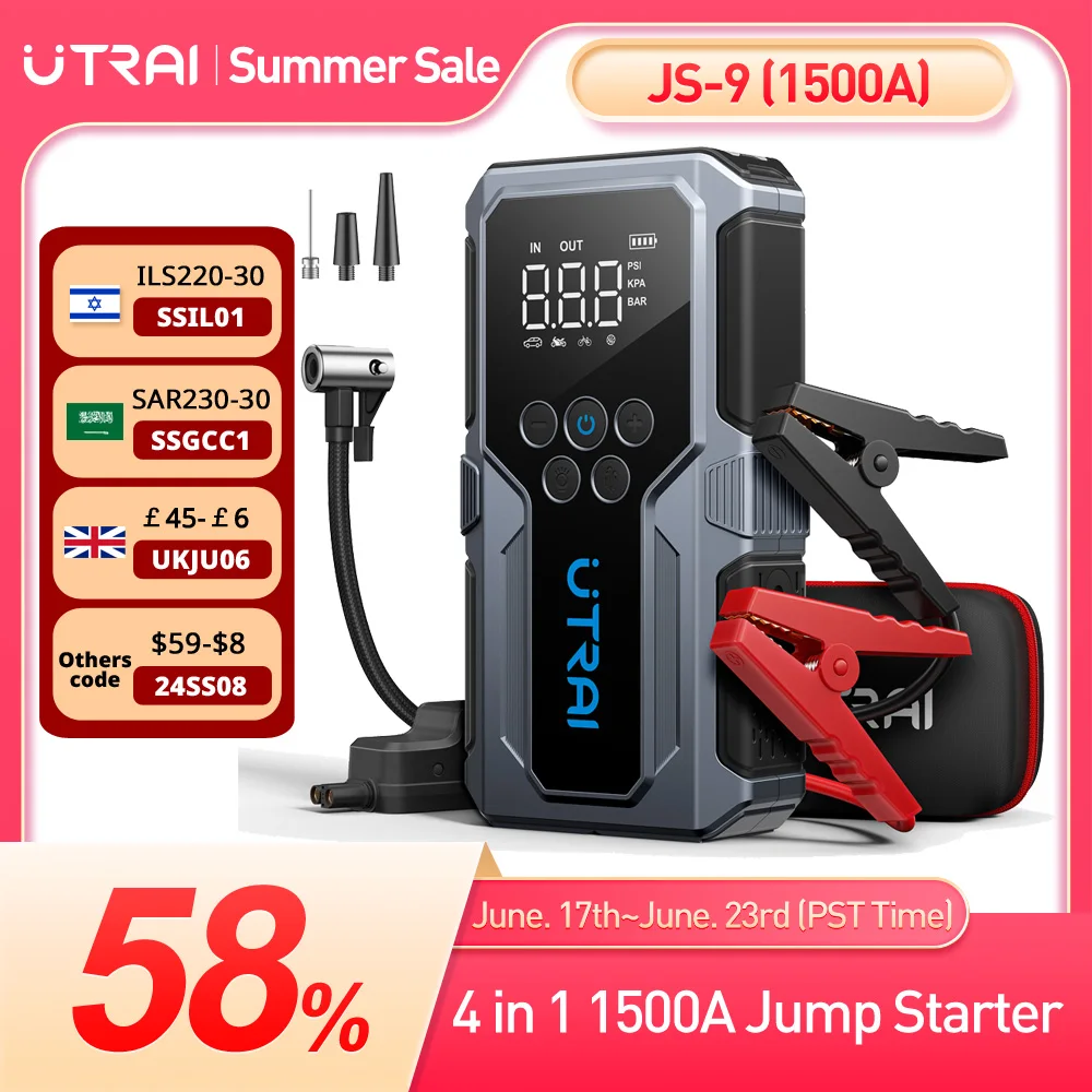 UTRAI 150PSI Air Pump Portable Car Air Compressor Car Tire Inflator 1500A Car Jump Starter Power Bank bomba de aire para coche