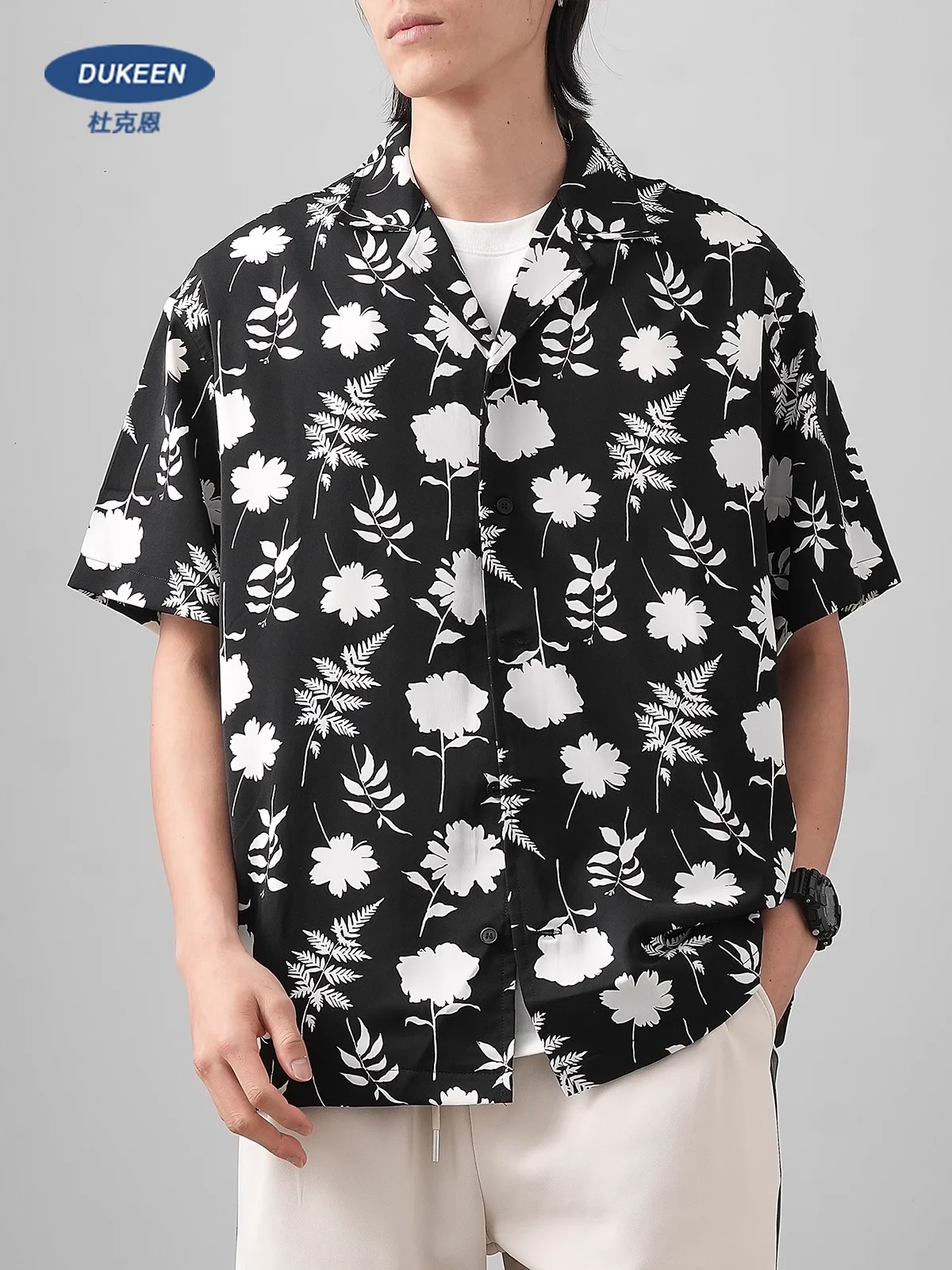 

DUKEEN Men's Ice Silk Shirt Summer Hawaiian Casual Short Sleeve Beach Shirts Camp Collar Floral Print Tops Men's Popular Clothes