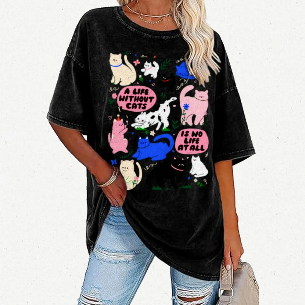 Kawaii Cat Print y2k Shirt Women Graphic Clothing Unisex Retro Shirt Funny Vintage Washed t-Shirt Top Tees
