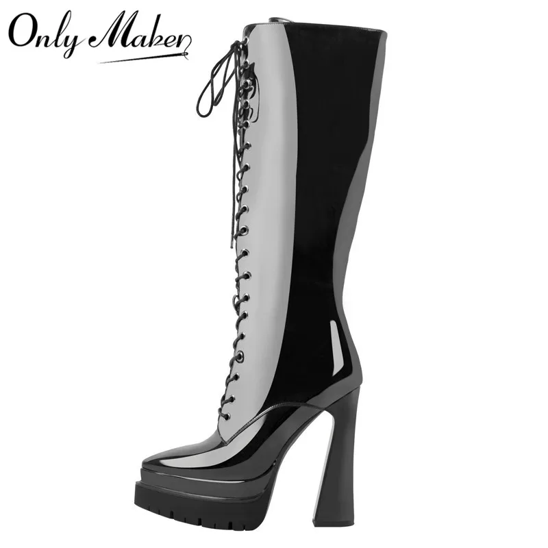 Onlymaker Woman Pointed Toe Platform Black Zipper Knee High Boots High Heel Pattern Lace Up Big Size Female Boots