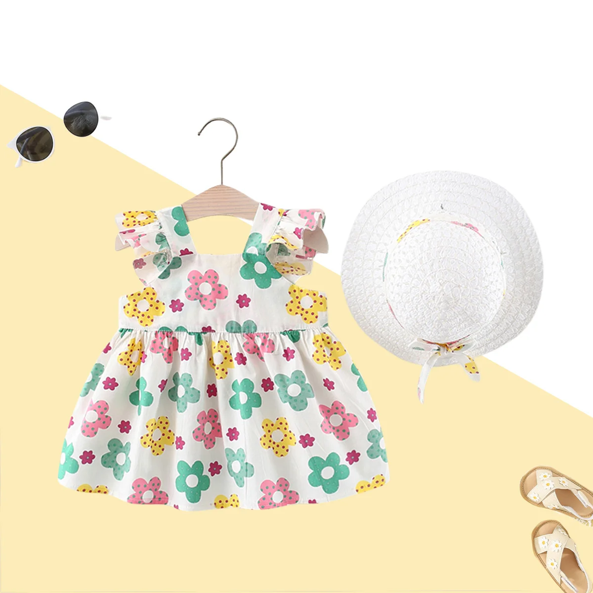 0-3 Year Old Baby Girl Dress Summer 2-Piece Set Baby Beach Skirt+Sun Hat Children'S Flower Cotton Clothing