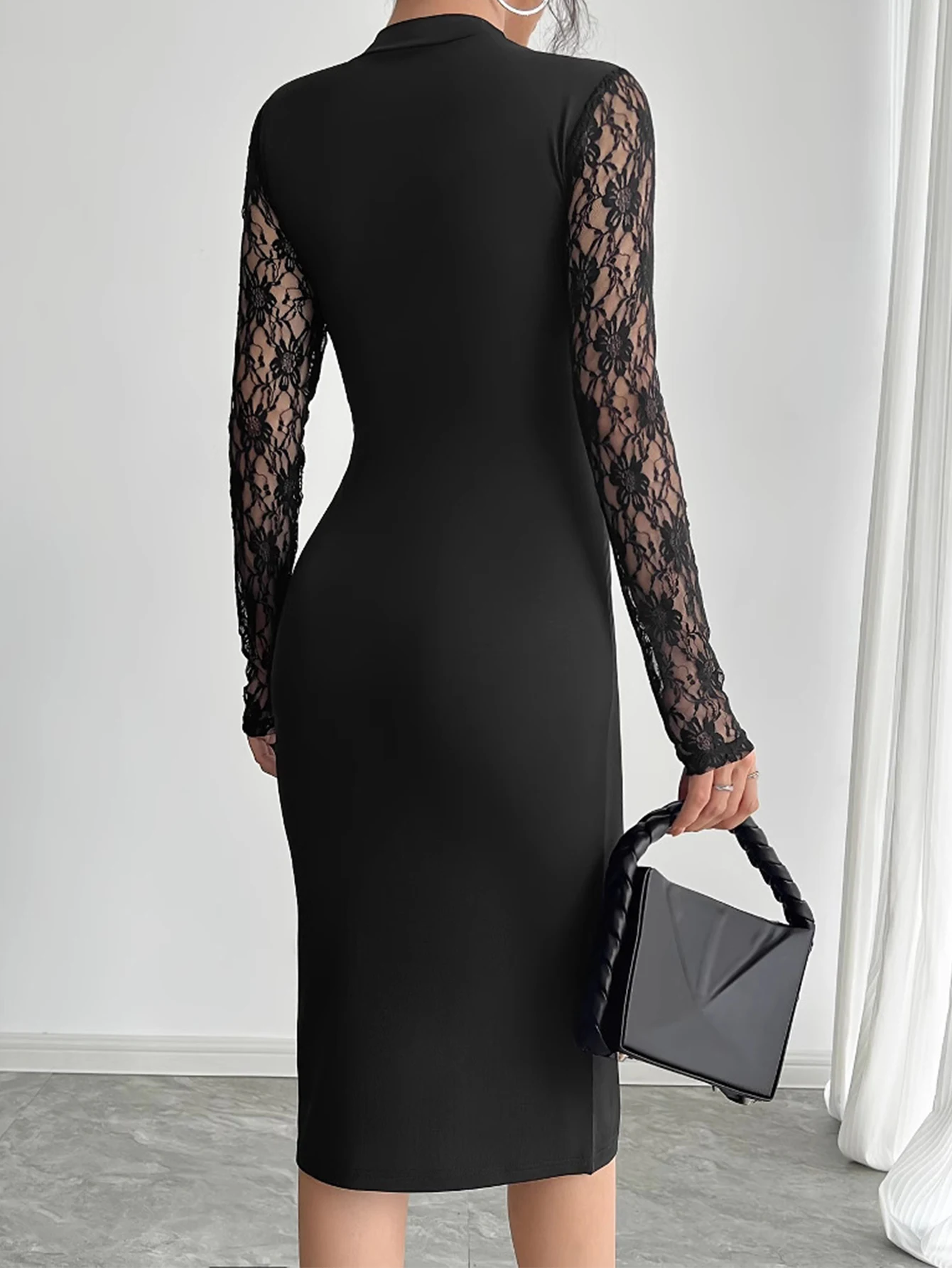 Vestido feminino cor sólida manga comprida em torno do pescoço primavera verão k-moda sexy fenda lateral bodycon vestido