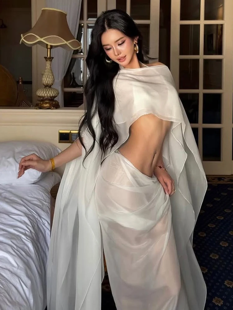 

Комплект из 3 предметов Whatiwear: женский летний элегантный сетчатый топ-халтер, однотонный бюстгальтер, укороченный топ с бахромой на одно плечо и юбка с драпировкой для отпуска