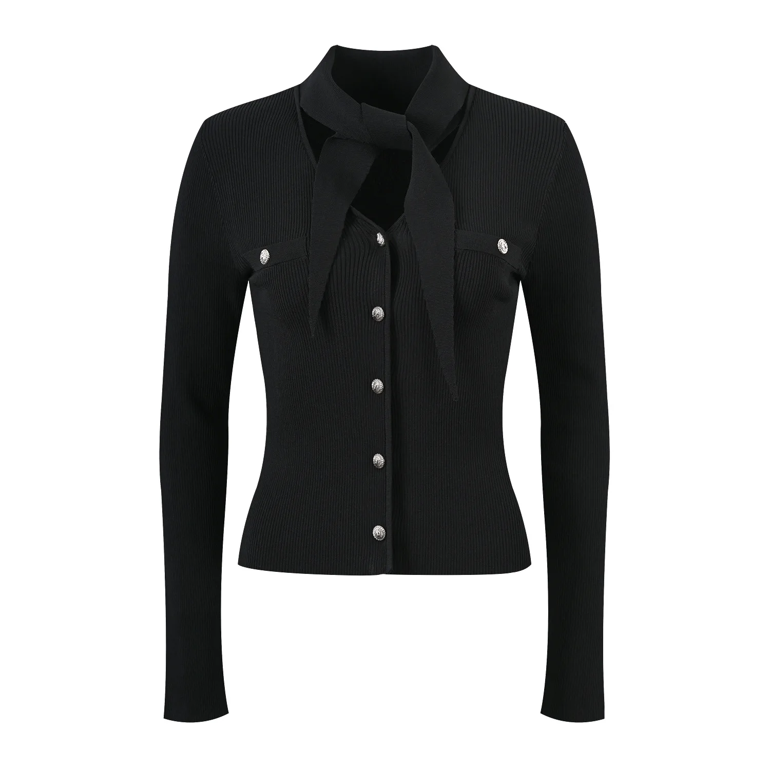 2024 Newest Designed Ribbon Collar Women Spring SolidKnitted Coat Office Lady Slim Fitted Single-breasted Cardigan