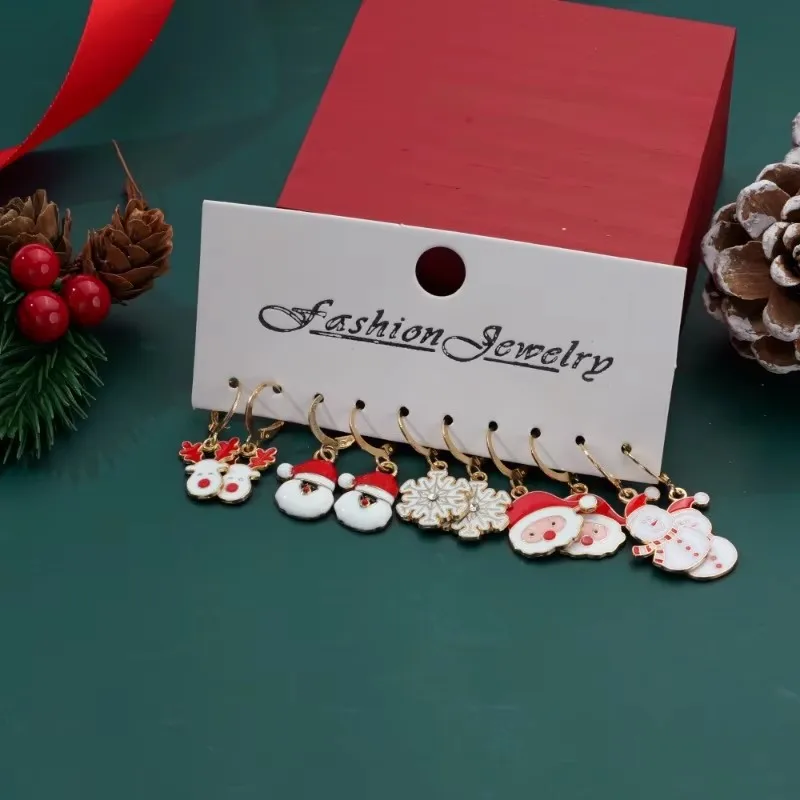 Conjunto de aretes navideños Diseño creativo Papá Noel Muñeco de nieve Copo de nieve Estrellas Pendientes y aretes de árbol de Navidad