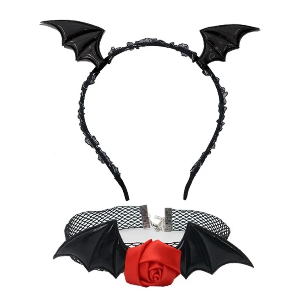 

Punk Flower Bat Wings Hairband Mesh PU Leather Headband Necklace Set Gothic Lace Halloween Hair Hoop Girls