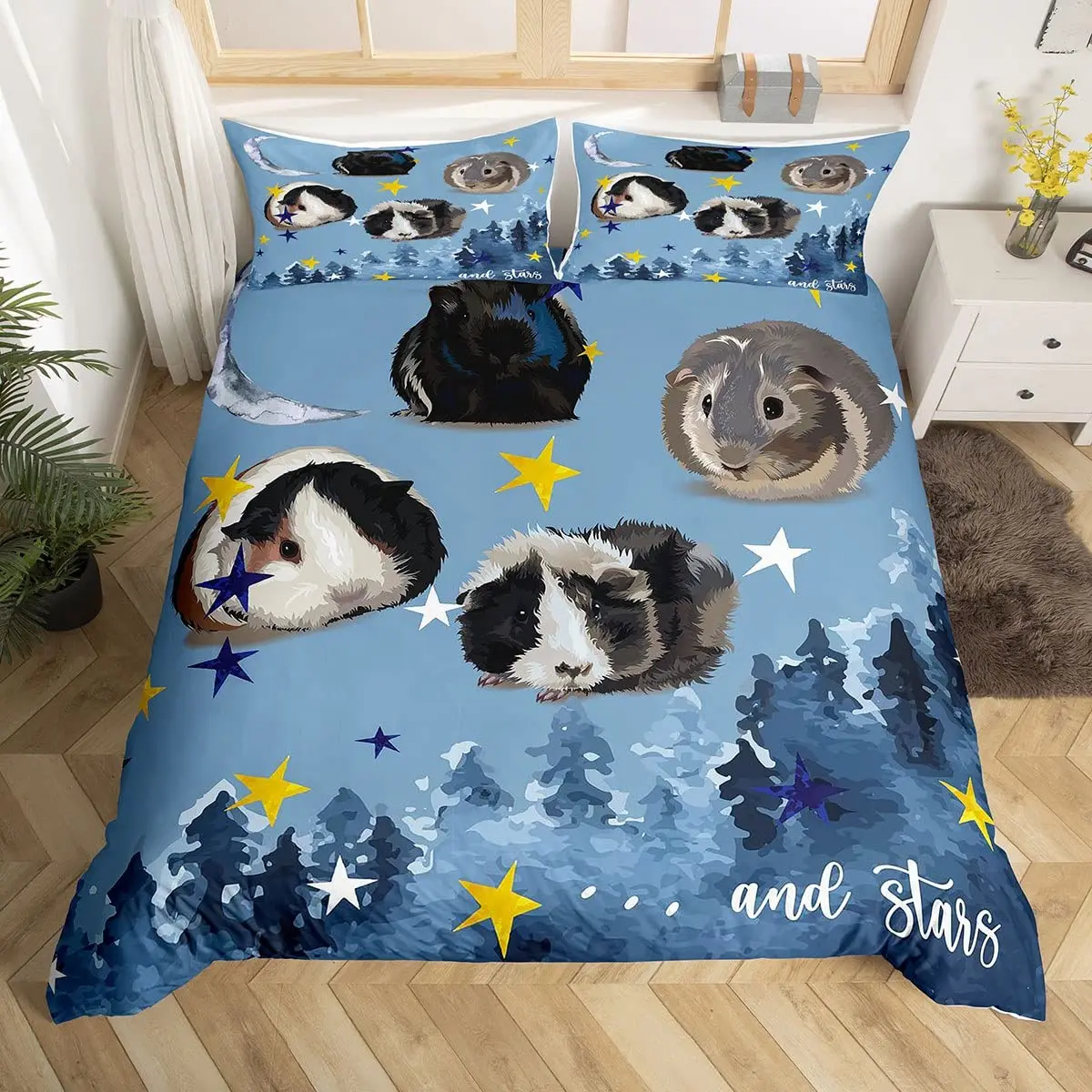 Guinea Pig King Queen Bedding Set Lovely Cartoon Mouse Duvet Cover Flower Plant Animal Comforter Cover Polyester Quilt Cover