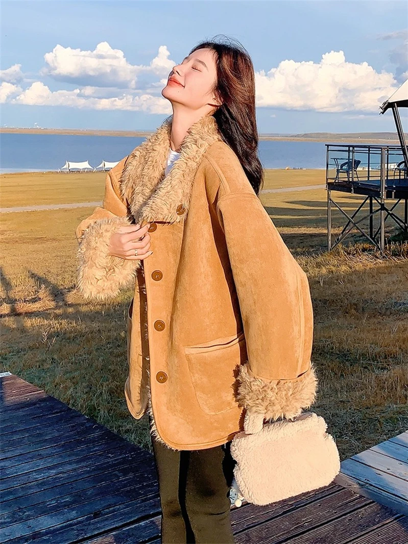 

Коричневая женская зимняя куртка из искусственной кожи с мехом ягненка, утепленная, теплая, в корейском стиле, маленького размера, с воротником, длинными рукавами
