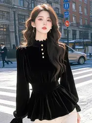 French Long-sleeved Gold Velvet Base Shirt for Women with Autumn and Winter Waist Doll Shirt Puff Sleeve Top