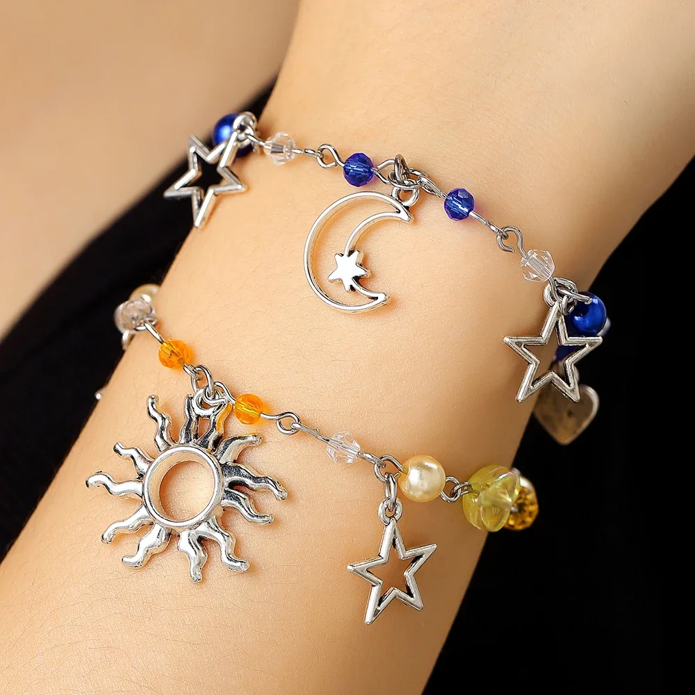 New In Fashion Personality Punk Hollow Star Moon Sun Cat Hip Hop Retro Bracelet Couple Sister Handmade Bracelet 2-Piece Set