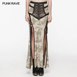 PUNK RAVE Women's Punk Daily Sexy See-through Mesh Drawstring Rope Slit Skirt Gothic Personalized Long Skirts 2 Colors Available