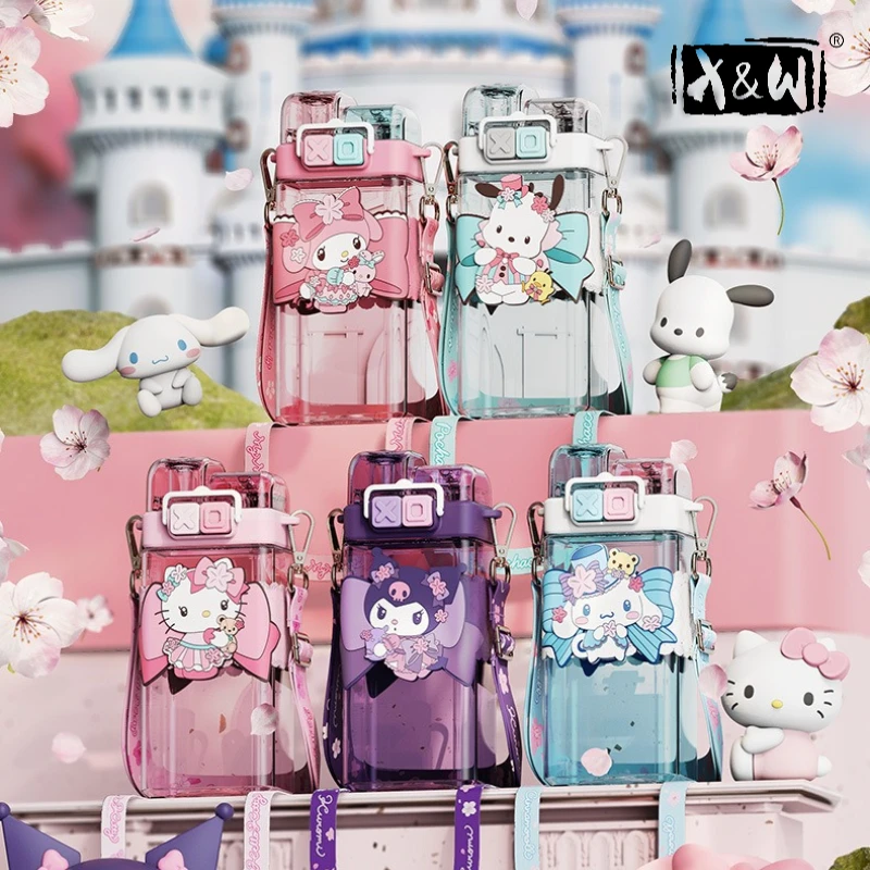 X&W Sanrio Sakura Series Locking Double-Drinking Tritan-PP Plastic Cup Cold Cups with Lid and Straw Kids Water Bottle Kids Cup